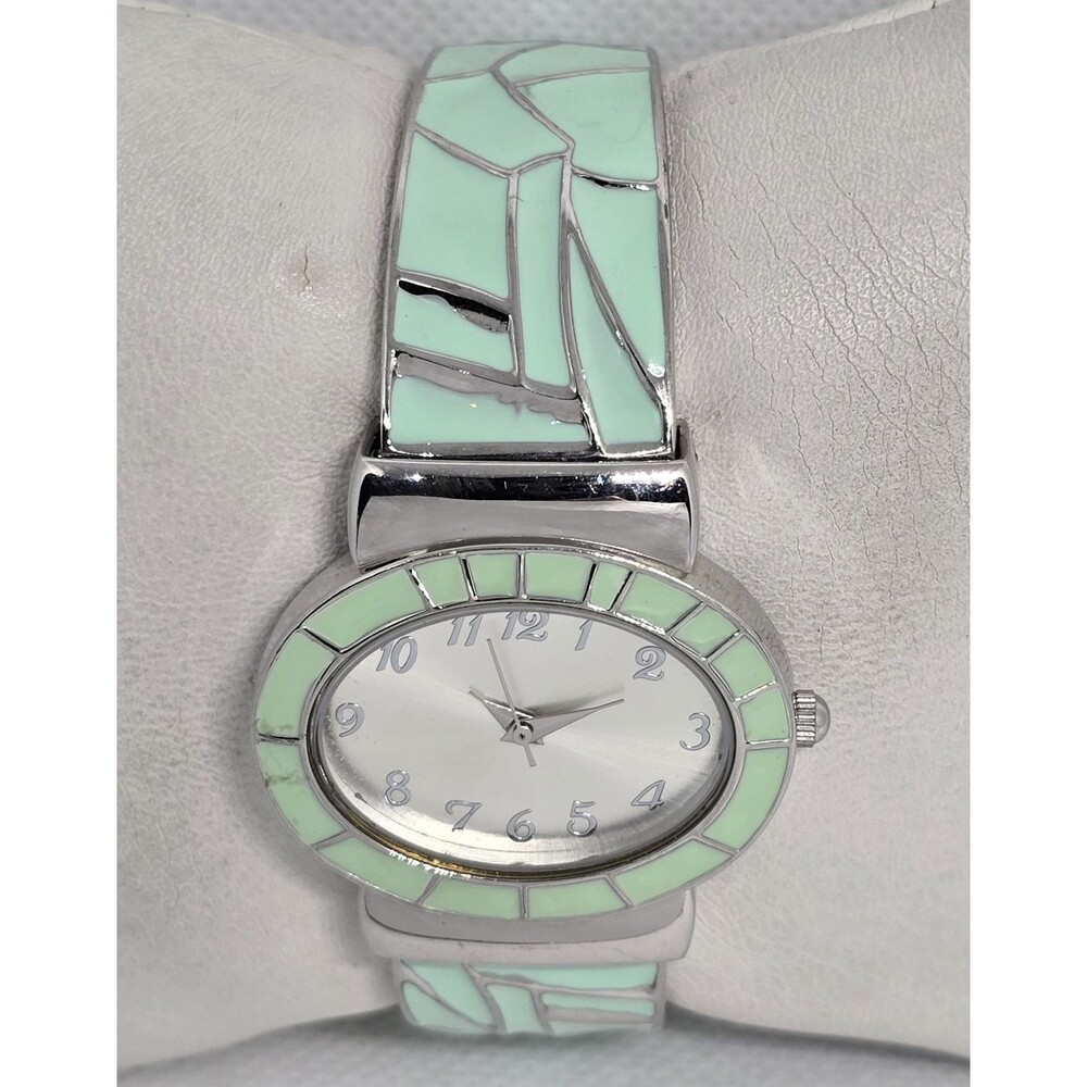 Women's Classic Oval Silver Tone Dial Case Milk Green Cuff Bracelet Watch 13 - Picture 4 of 8